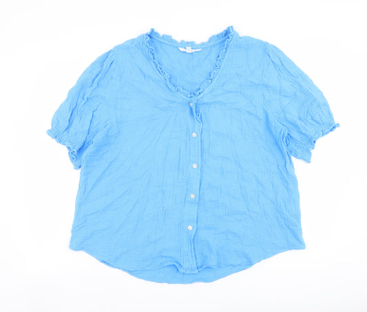 Per Una Womens Blue Cotton Basic Button-Up Size 14 V-Neck