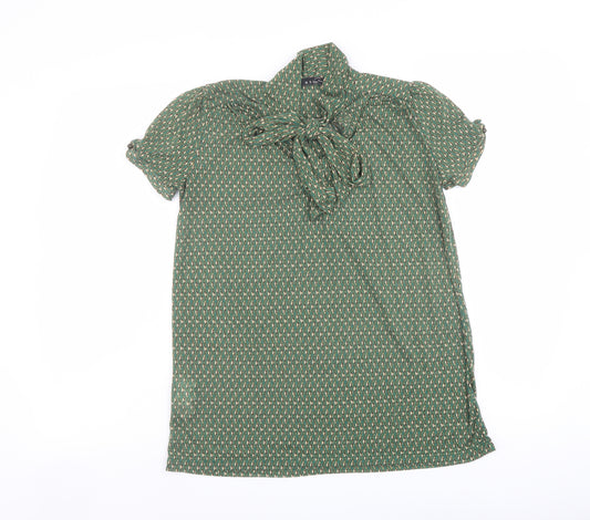 Mango Womens Green Geometric Polyester Basic Blouse Size S Mock Neck - Tie Neck Detail