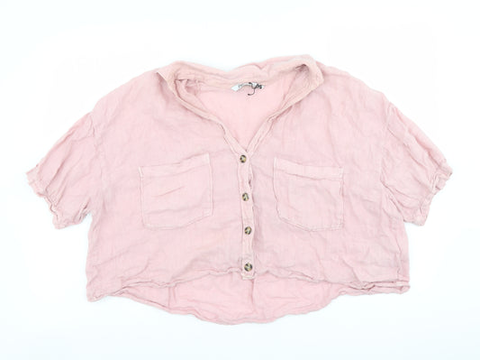 Zara Womens Pink Linen Basic Button-Up Size XL Collared