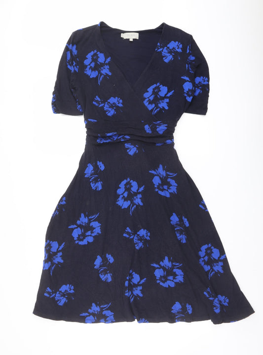 Hobbs Womens Blue Floral Viscose A-Line Size 10 V-Neck Pullover