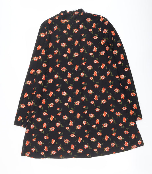 Miss Selfridge Womens Black Floral Polyester A-Line Size 12 Mock Neck Button