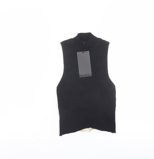 Bershka Womens Black Polyamide Cropped T-Shirt Size S Mock Neck - Chain Strap Detail