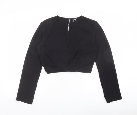 H&M Womens Black Polyester Cropped Blouse Size 10 Round Neck - Twist Front Detail