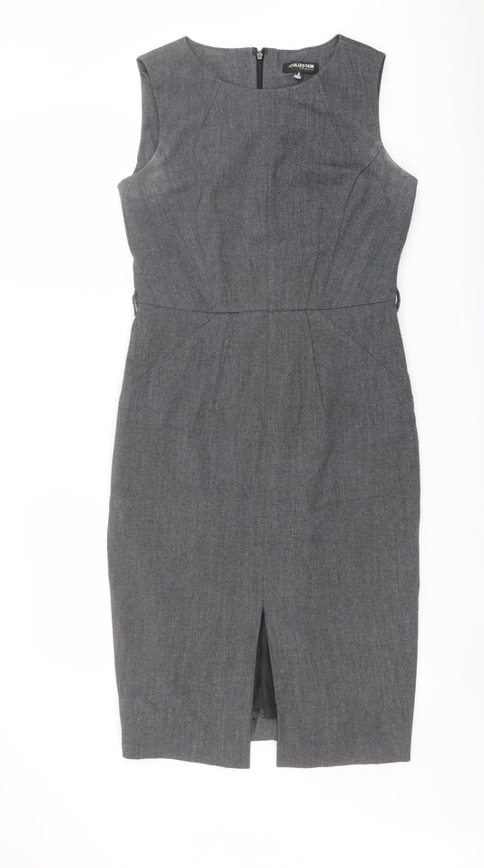Debenhams Womens Grey Geometric Polyester Shift Size 10 Round Neck Zip