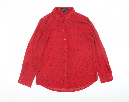 New Look Womens Red Polka Dot Polyester Basic Button-Up Size 8 Collared