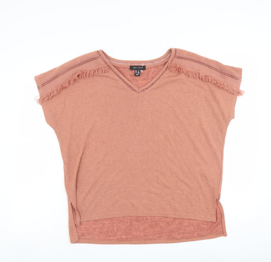 New Look Womens Orange Polyester Basic T-Shirt Size M V-Neck