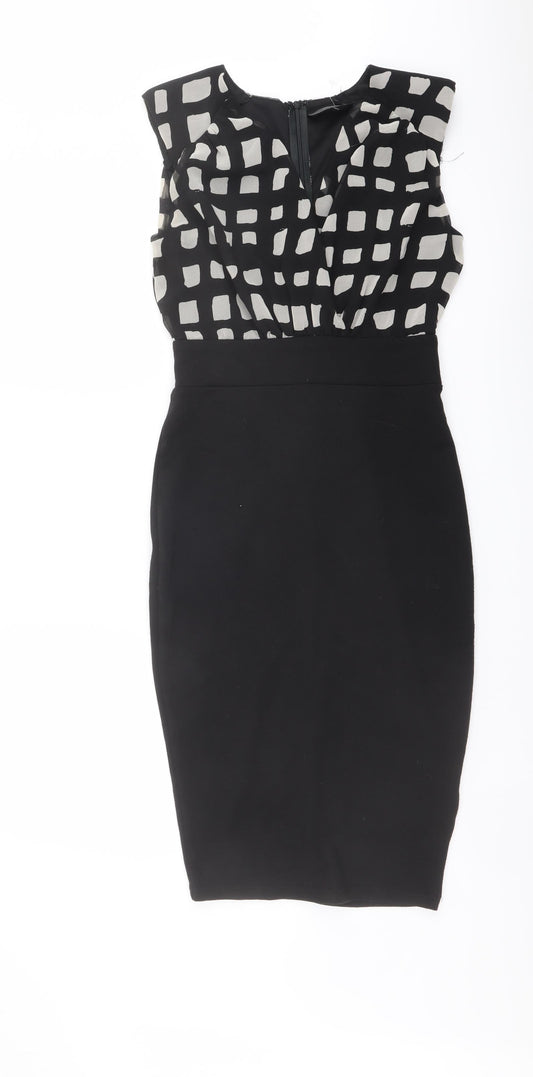 AX Paris Womens Black Geometric Polyester Pencil Dress Size 10 V-Neck Zip