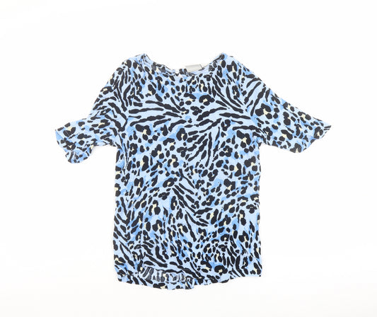 ICHI Womens Blue Animal Print Viscose Basic T-Shirt Size XS Round Neck