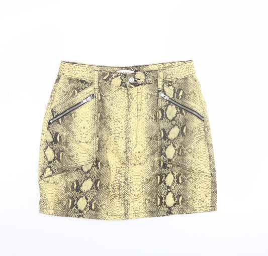 Topshop Womens Yellow Animal Print Cotton A-Line Skirt Size 12 Button - Snakeskin pattern