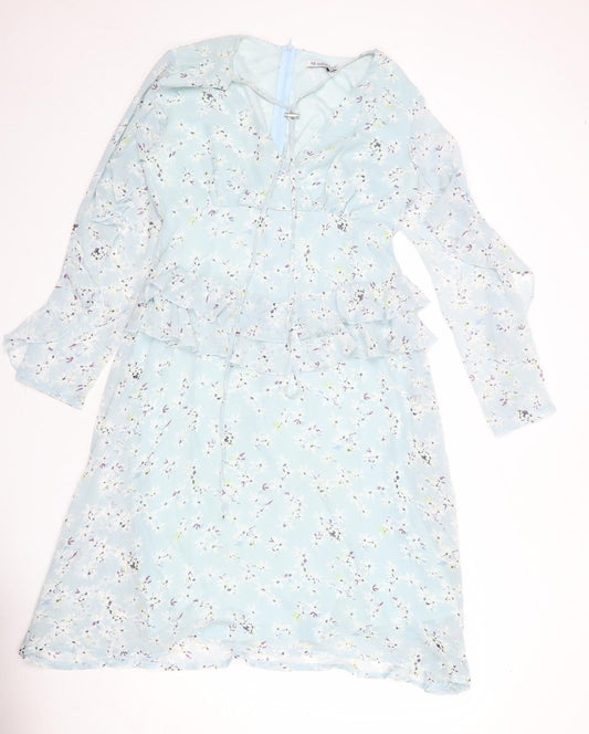 NB Avenue Womens Blue Floral Polyester A-Line Size 12 V-Neck Zip