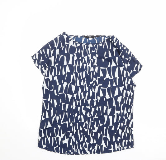 Simon Jersey Womens Blue Geometric Polyester Basic Blouse Size 8 Boat Neck