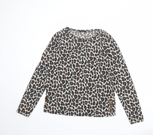 M&Co Womens Beige Animal Print Polyester Basic T-Shirt Size 10 Boat Neck