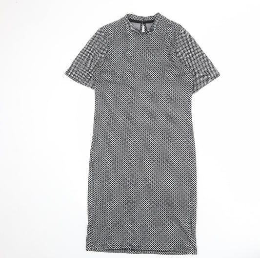 Dorothy Perkins Womens Grey Geometric Polyester Shift Size 12 Mock Neck Button