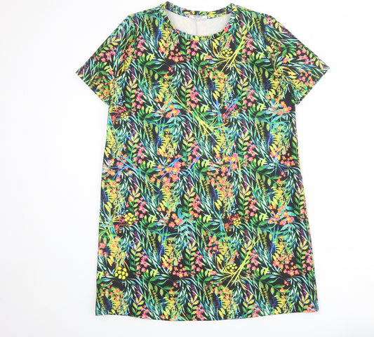 Zara Womens Multicoloured Geometric Polyester T-Shirt Dress Size L Round Neck Pullover