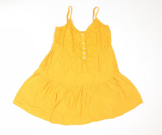 Amisu Womens Orange Viscose Slip Dress Size 12 V-Neck Button - Broderie Anglaise Details
