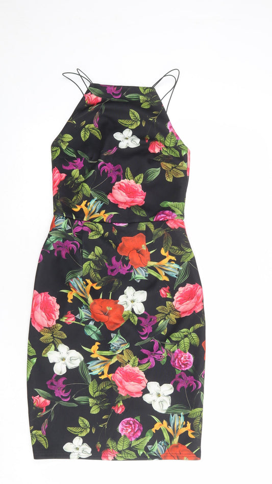 ASOS Womens Black Floral Polyester Pencil Dress Size 6 Square Neck Zip