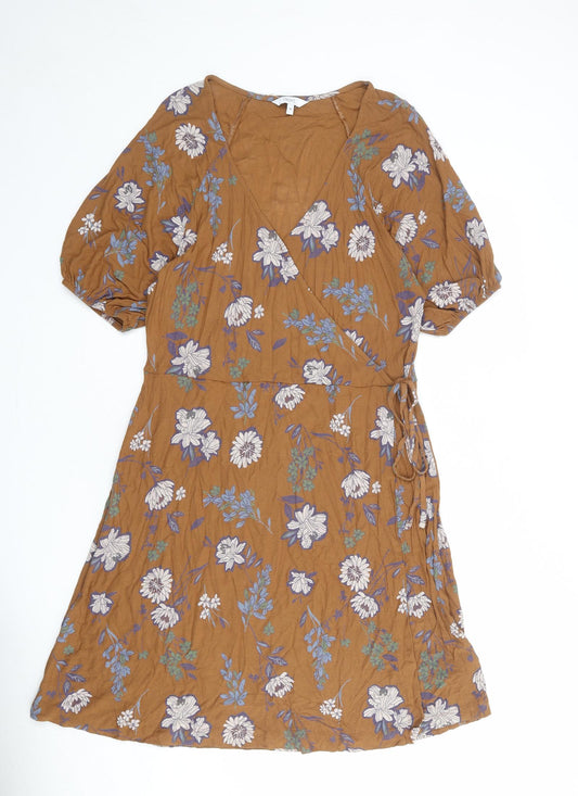 NEXT Womens Brown Floral Viscose Wrap Dress Size 16 V-Neck Pullover