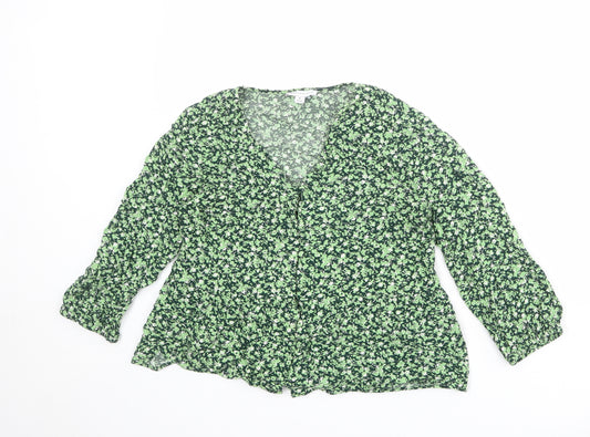Warehouse Womens Green Floral Viscose Basic Blouse Size 6 V-Neck