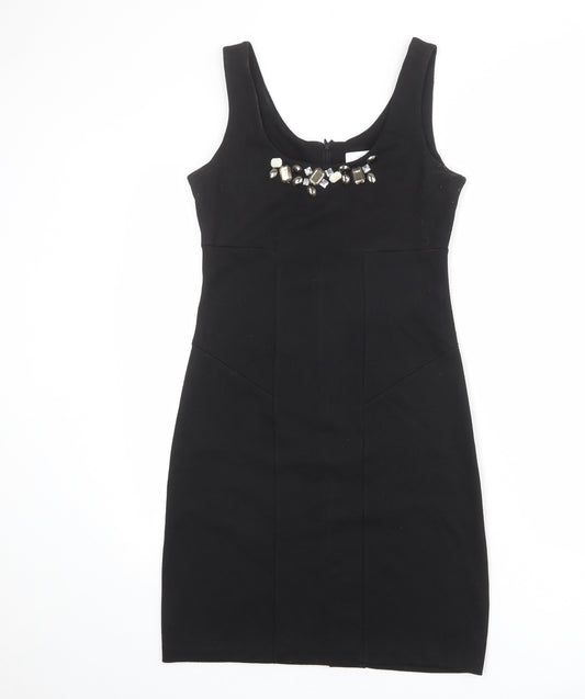 Wallis Womens Black Polyester Tank Dress Size 8 Scoop Neck Zip - Embellished Neckline