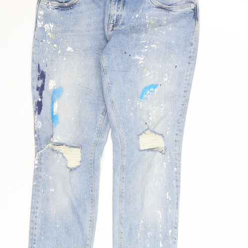 Superdry Womens Blue Cotton Straight Jeans Size 32 in L30 in Regular Zip - Paint splatter effect