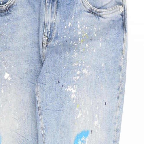 Superdry Womens Blue Cotton Straight Jeans Size 32 in L30 in Regular Zip - Paint splatter effect