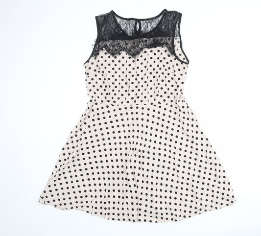 Dorothy Perkins Womens Beige Polka Dot Polyester Fit & Flare Size 18 Boat Neck Zip - Lace Detail