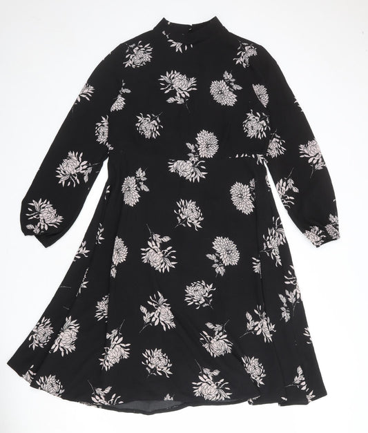 New Look Womens Black Floral Polyester A-Line Size 14 Mock Neck Zip