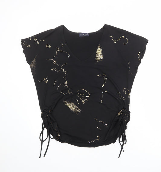 Saloos Womens Black Geometric Polyester Basic Blouse Size L V-Neck - Ruched Detail