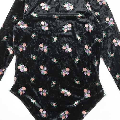 Monki Womens Black Floral Polyester Bodysuit One-Piece Size M Snap