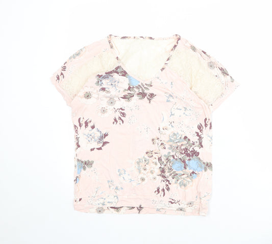 NEXT Womens Pink Floral Viscose Basic T-Shirt Size 12 V-Neck - Lace Detail