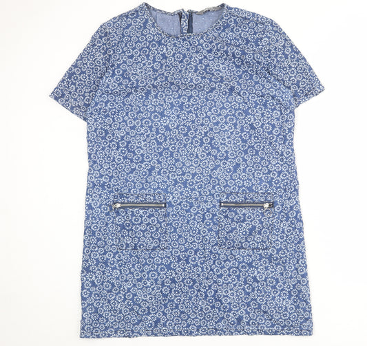 Dorothy Perkins Womens Blue Floral Cotton Shift Size 16 Round Neck Zip