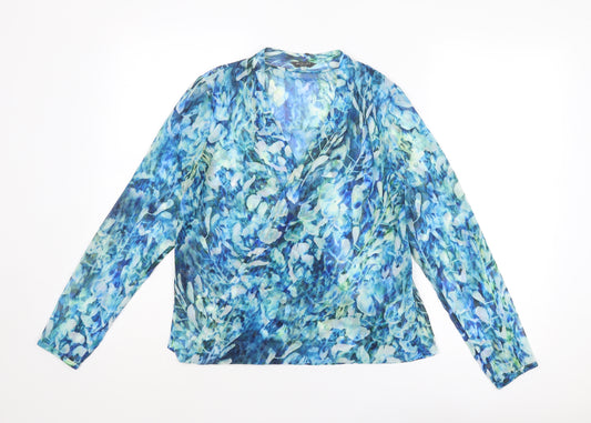 Minuet Womens Blue Geometric Polyester Basic Blouse Size 8 V-Neck