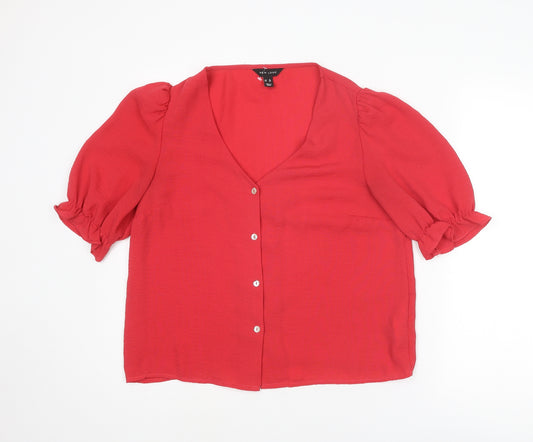 New Look Womens Red Polyester Basic Button-Up Size 12 V-Neck