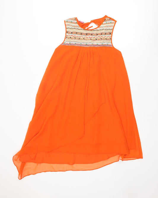 Monsoon Womens Orange Geometric Polyester A-Line Size 10 Round Neck Tie - Open Back