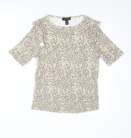 New Look Womens Beige Animal Print Polyester Basic T-Shirt Size 10 Boat Neck