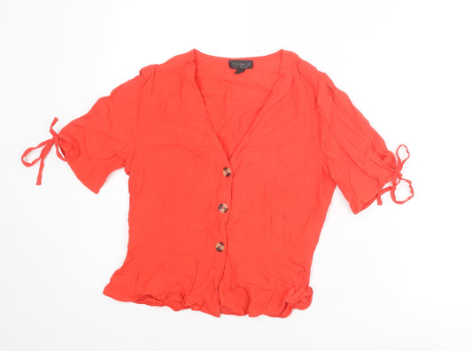 Topshop Womens Red Viscose Basic Button-Up Size 10 V-Neck - Tie Sleeve Detail