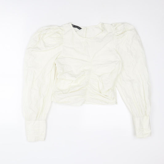 Zara Womens White Polyester Cropped Blouse Size XS Round Neck - Puff Sleeve