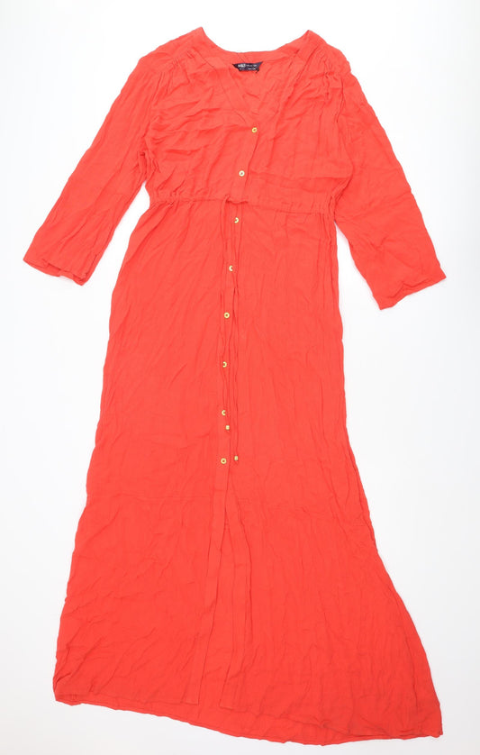 Marks and Spencer Womens Red Viscose Shirt Dress Size 12 V-Neck Button