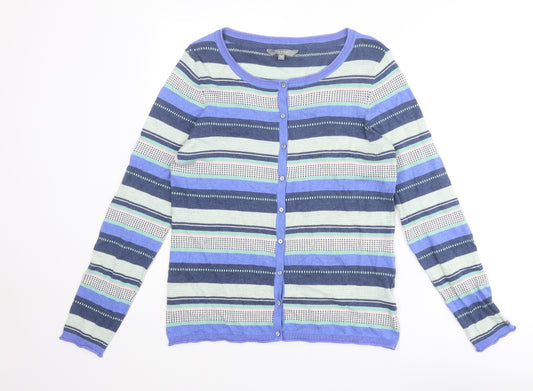 Lily & Me Womens Blue Round Neck Striped Cotton Cardigan Jumper Size 14