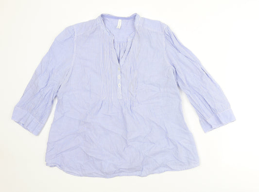 Marks and Spencer Womens Blue Striped Cotton Basic Blouse Size 18 V-Neck