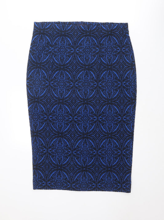 Marks and Spencer Womens Blue Geometric Polyester Bandage Skirt Size 16