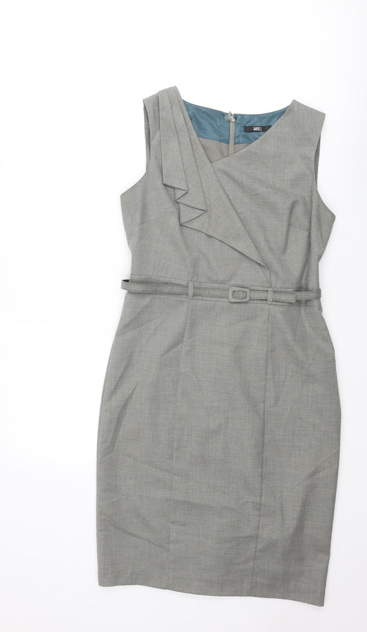 Marks and Spencer Womens Grey Polyester Pencil Dress Size 12 V-Neck Zip - Pleat Front Detail