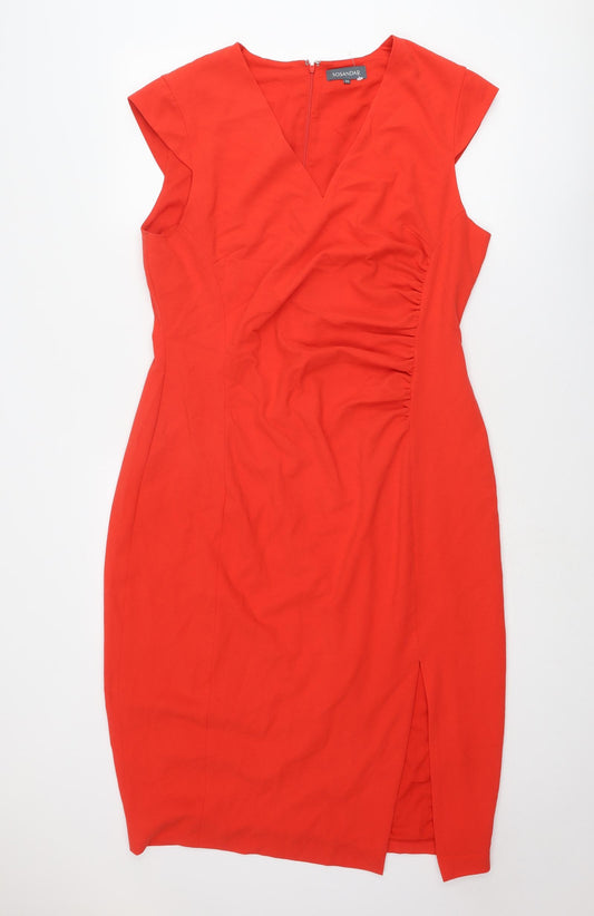 Sosandar Womens Red Polyester Pencil Dress Size 16 V-Neck Zip - Cap Sleeve