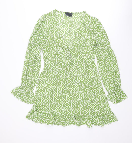 ASOS Womens Green Geometric Polyester Mini Size 10 V-Neck Zip