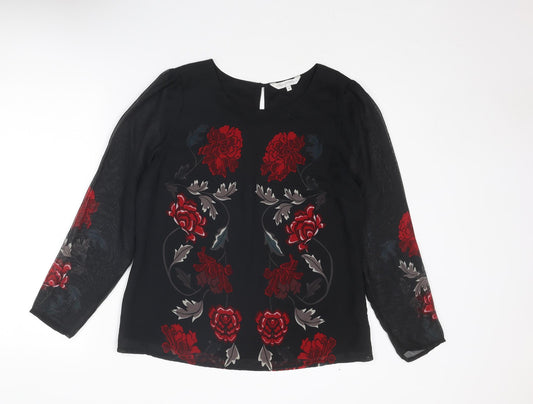 RJR.John Rocha Womens Black Floral Polyester Basic Blouse Size 14 Round Neck