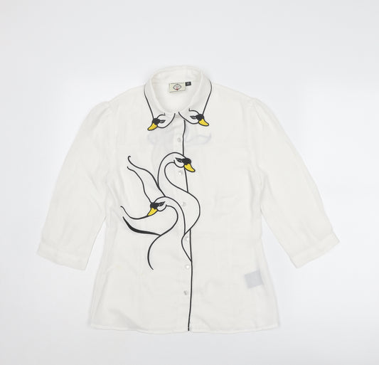 Banned Apparel Womens White Polyester Basic Button-Up Size XS Collared - Swans