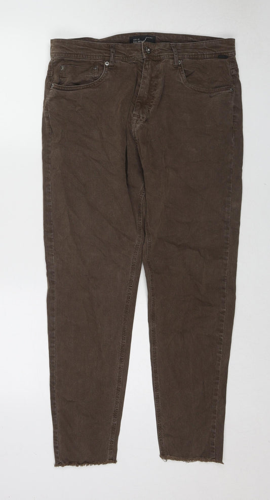 Zara Womens Brown Cotton Skinny Jeans Size 14 L26 in Regular Zip - Raw Hem