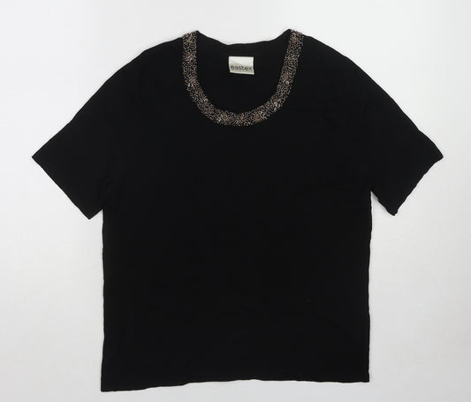 Eastex Womens Black Viscose Basic T-Shirt Size 12 Round Neck - Embellished Neckline