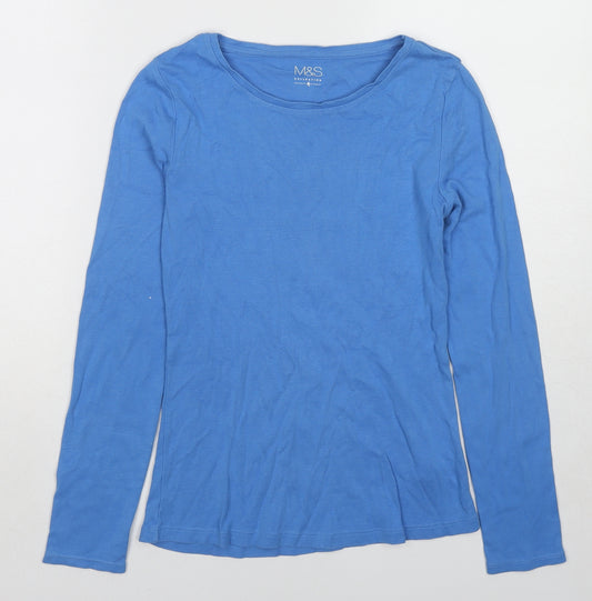 Marks and Spencer Womens Blue Cotton Basic T-Shirt Size 8 Boat Neck