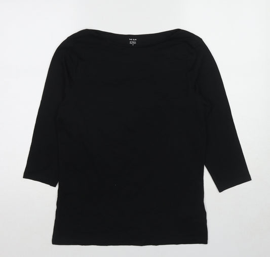 Marks and Spencer Womens Black Cotton Basic T-Shirt Size 14 Boat Neck - Slash Neck